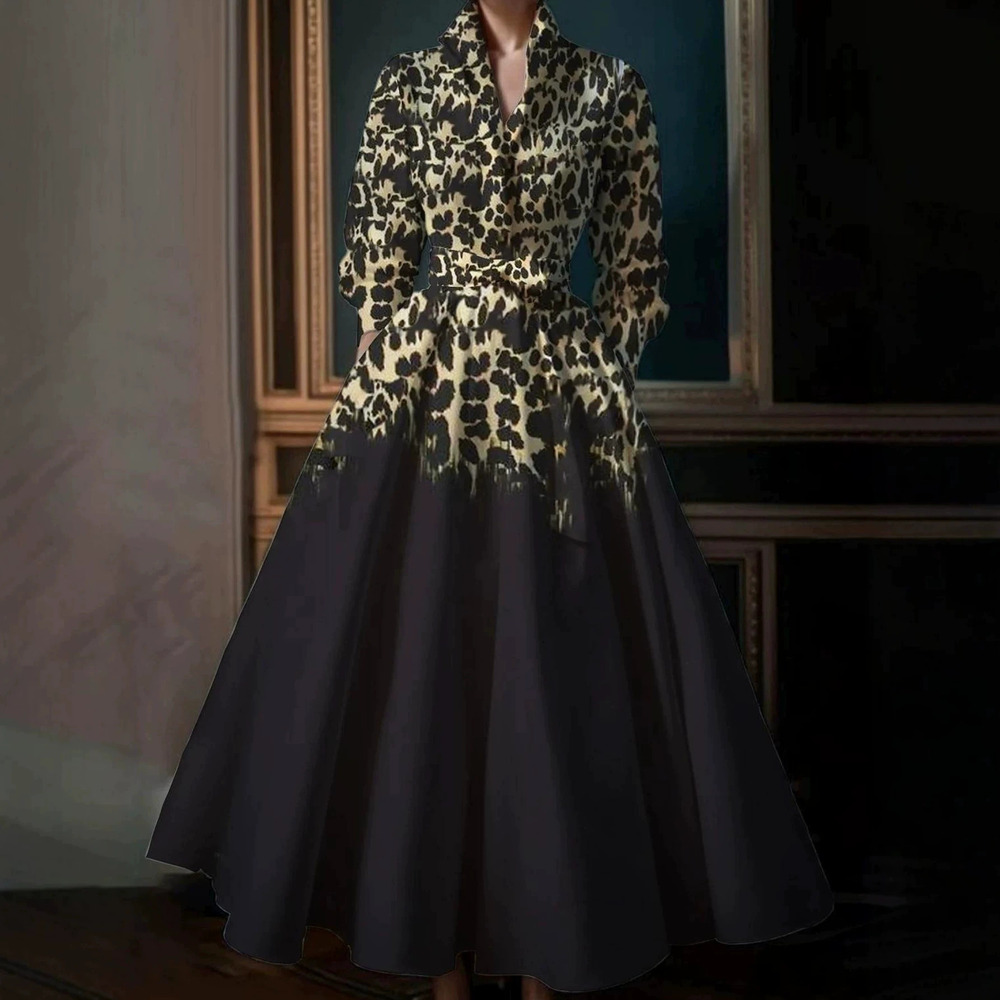 ZARA Elegant French Romantic Leopard Print Lapel Patchwork Black Flared Dress